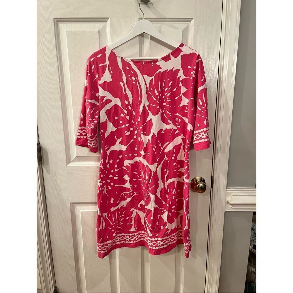 Barbara Gerwit Pink & White Cross Back 3/4 Sleeve Dress sz XL EUC